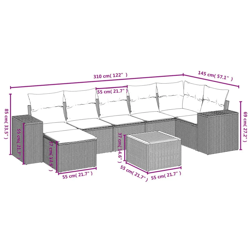 8 Piece Modular Patio Sofa Set Grey Poly Rattan with Acacia Wood Table and Thick Cushions for Garden Outdoor Seating