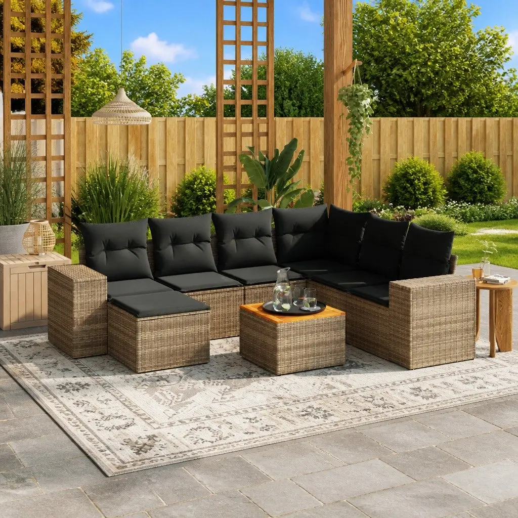 Garden Sofa Set Modular 8 Piece PE Rattan Grey with Cushions Acacia Wood Table Top