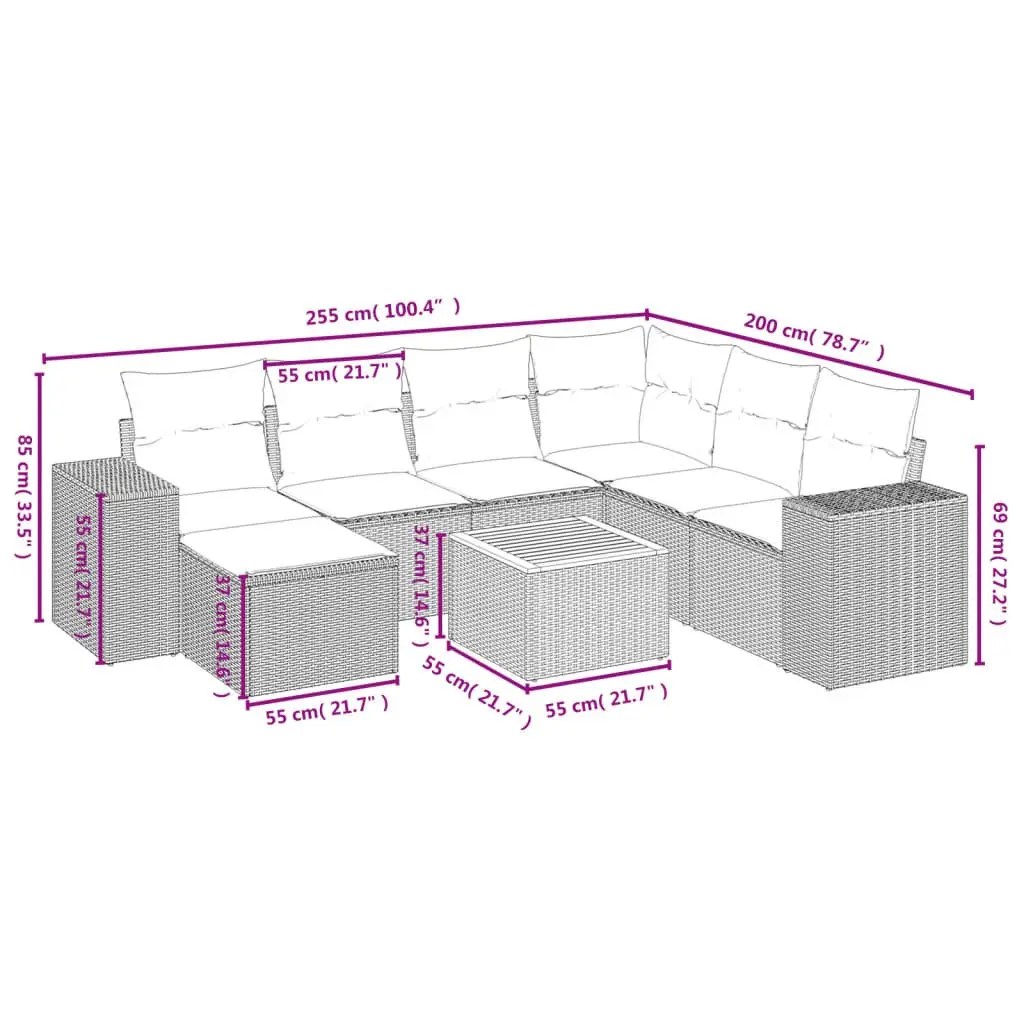 Garden Sofa Set Modular 8 Piece PE Rattan Grey with Cushions Acacia Wood Table Top