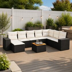 9 Piece Garden Sofa Set Black Poly Rattan Outdoor Furniture with Cushions