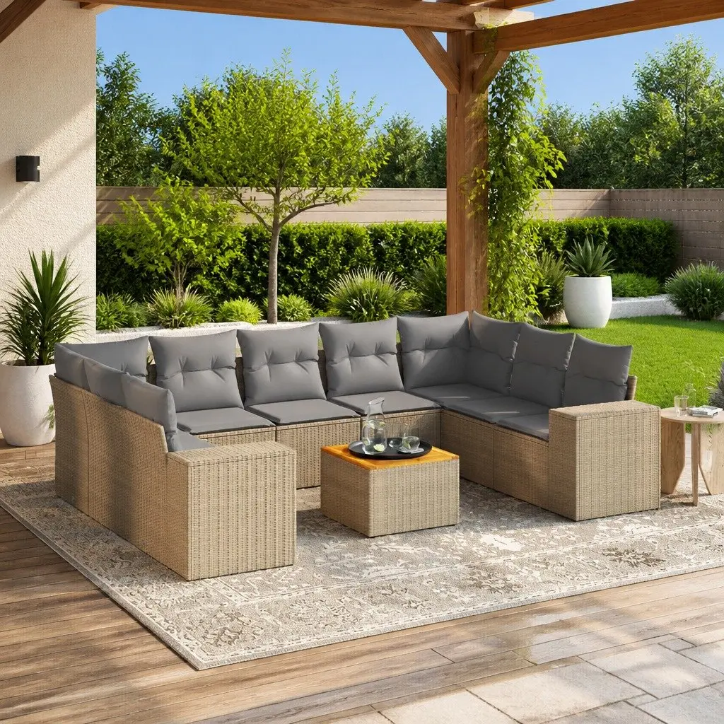 Garden Sofa Set 10 Piece Outdoor Patio Furniture Beige Poly Rattan with Cushions