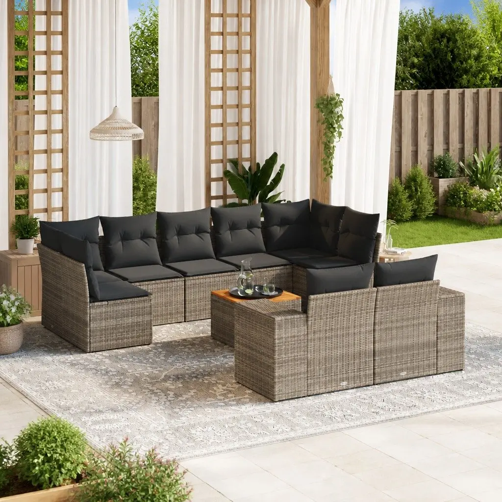 10 Piece Garden Sofa Set PE Rattan Outdoor Furniture Acacia Wood Table Grey with Cushions