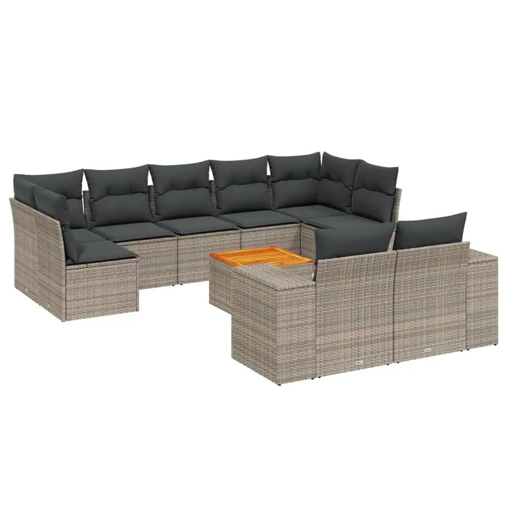 10 Piece Garden Sofa Set PE Rattan Outdoor Furniture Acacia Wood Table Grey with Cushions