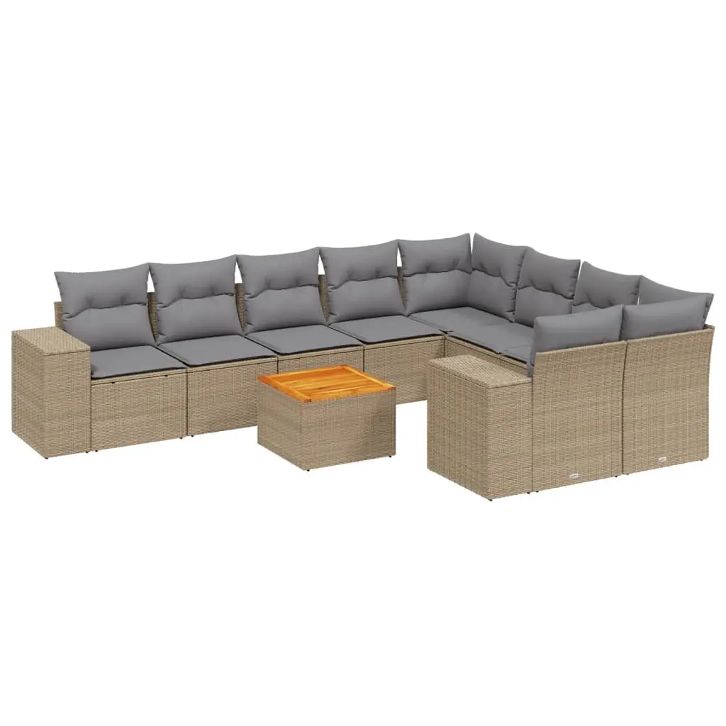 10 Piece Outdoor Garden Sofa Set with Cushions Beige Poly Rattan Patio Furniture