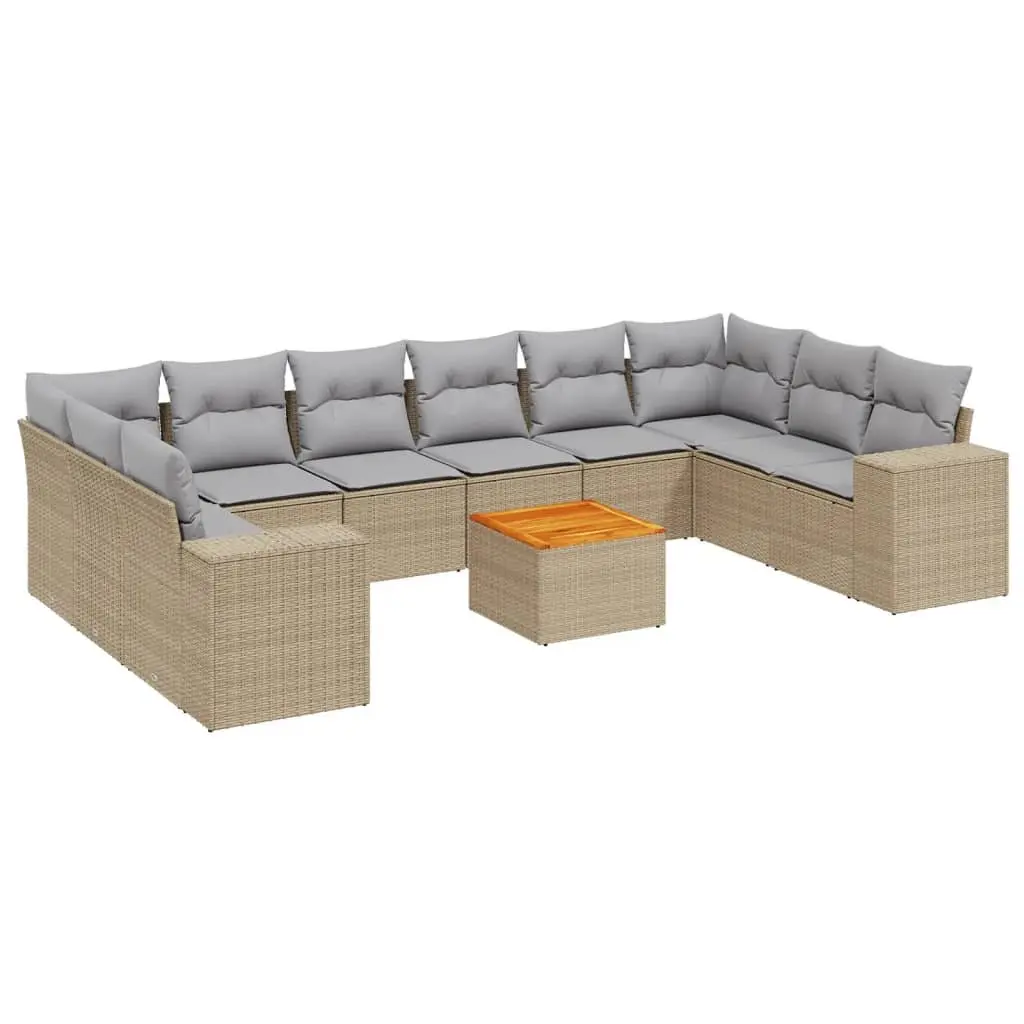 11 Piece Garden Sofa Set PE Rattan Modular Outdoor Furniture Beige with Acacia Wood Table and Cushions