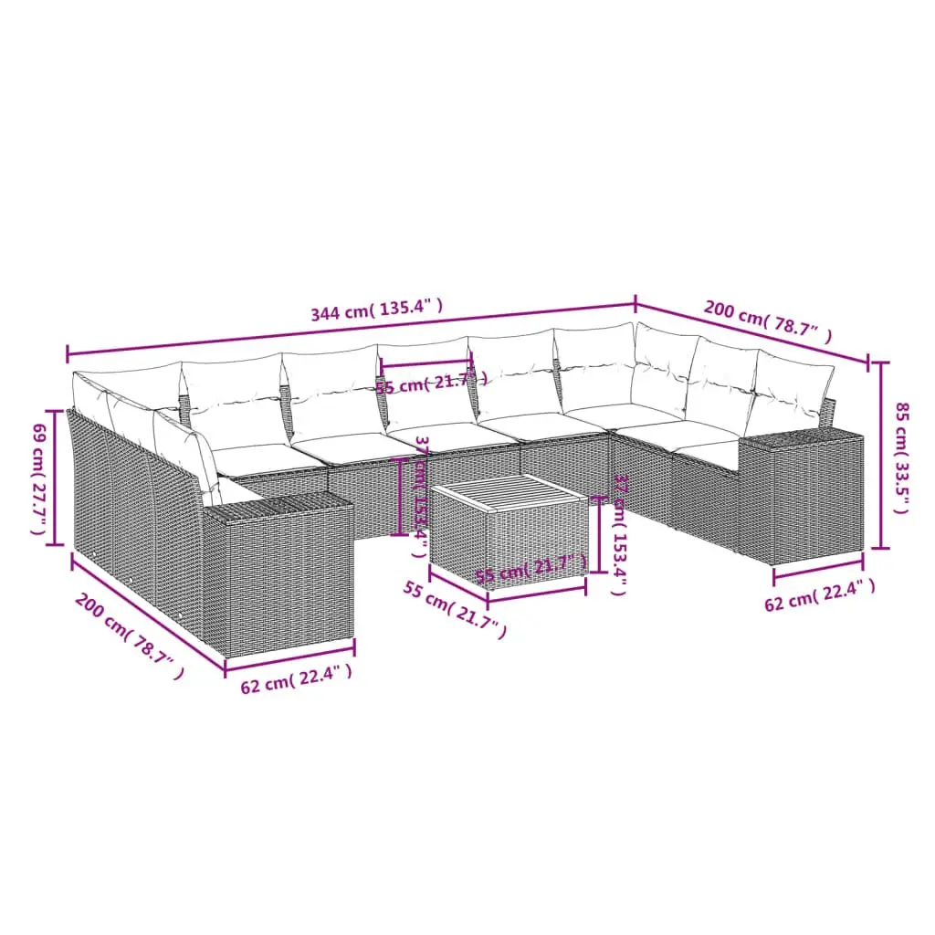 11 Piece Garden Sofa Set PE Rattan Modular Outdoor Furniture Beige with Acacia Wood Table and Cushions