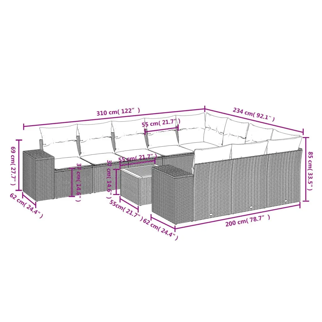 Garden Sofa Set PE Rattan 11 Piece Outdoor Furniture Grey Cushioned Patio Seating