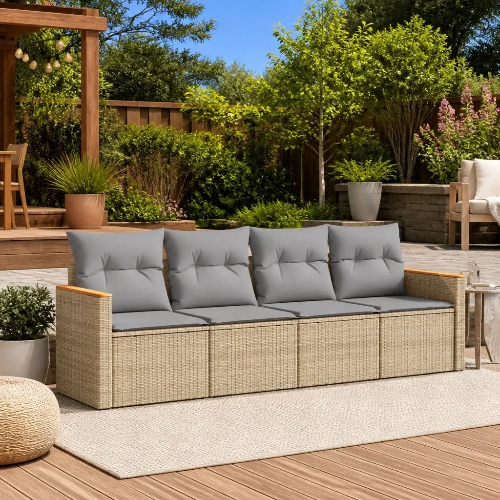 Garden Sofa Set PE Rattan Modular 4 Piece Outdoor Furniture Beige Cushions