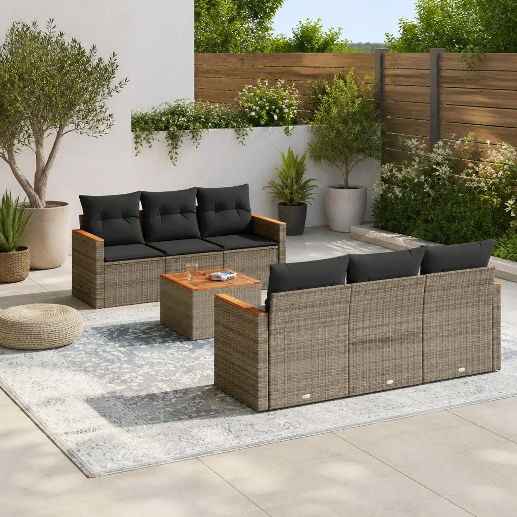 7 Piece Outdoor Sofa Set Grey PE Rattan Modular Patio Furniture with Acacia Wood Tabletop and Removable Cushion Covers