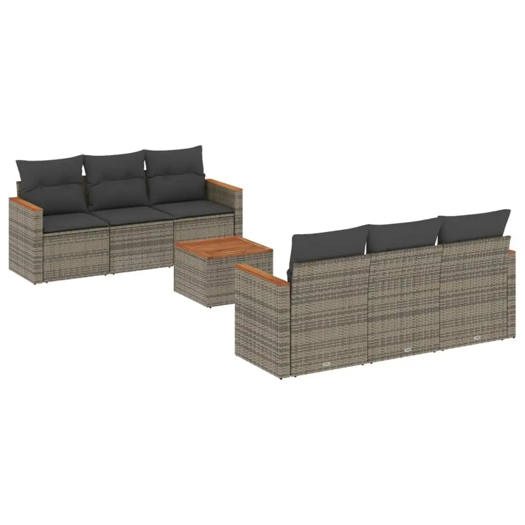 7 Piece Outdoor Sofa Set Grey PE Rattan Modular Patio Furniture with Acacia Wood Tabletop and Removable Cushion Covers
