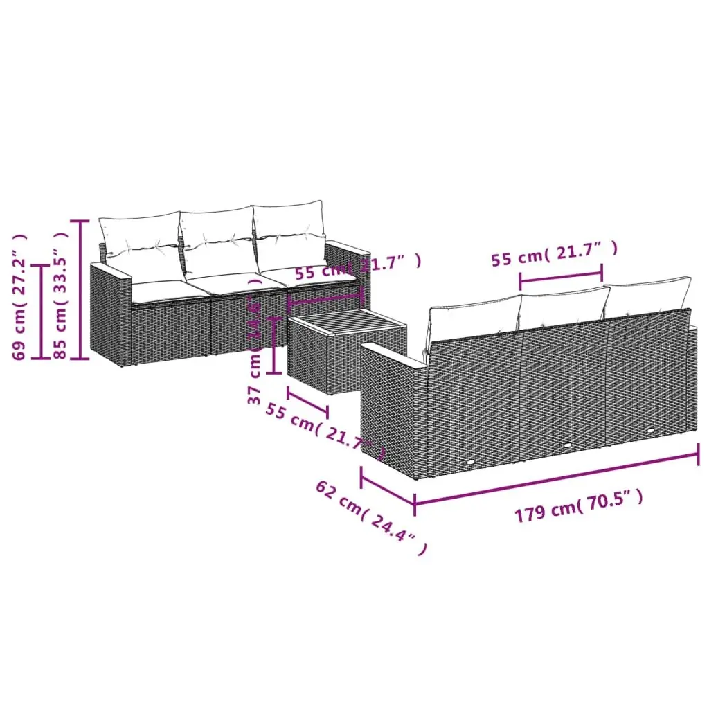7 Piece Outdoor Sofa Set Grey PE Rattan Modular Patio Furniture with Acacia Wood Tabletop and Removable Cushion Covers