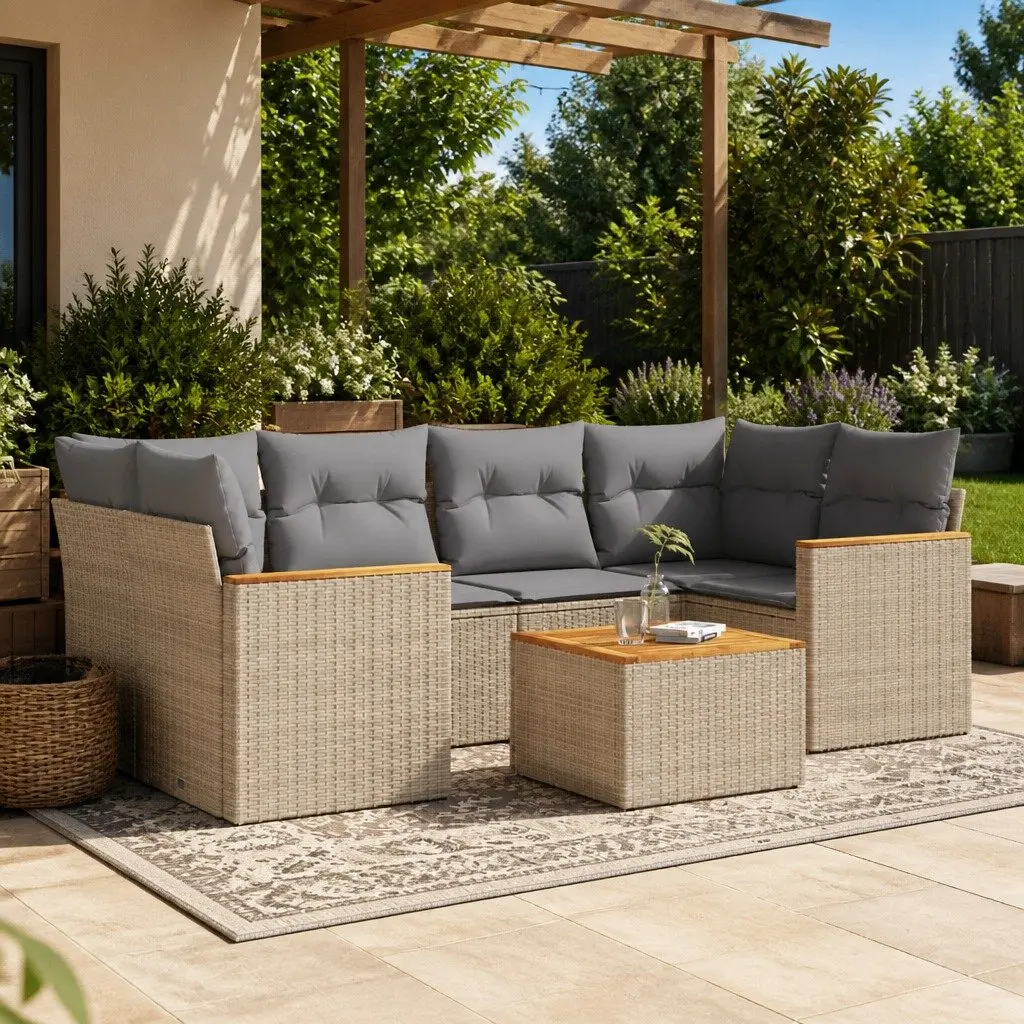 Outdoor Garden Sofa Set Modular Beige Poly Rattan 7 Piece Patio Lounge Furniture