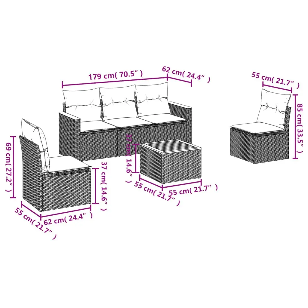 Garden Sofa Set 6 Piece PE Rattan Frame Acacia Wood Table Top Powder-coated Steel Beige