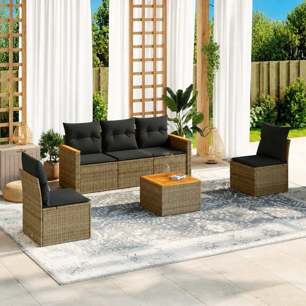 Garden Sofa Set 6 Piece Modular Grey PE Rattan Powder-coated Steel Frame Acacia Wood Tabletop