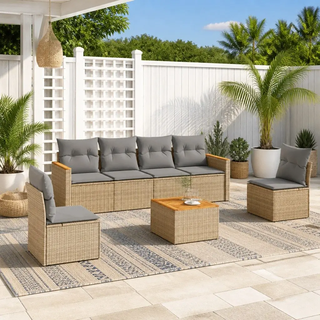 Garden Sofa Set 7 Piece Poly Rattan Beige Outdoor Furniture with Cushions