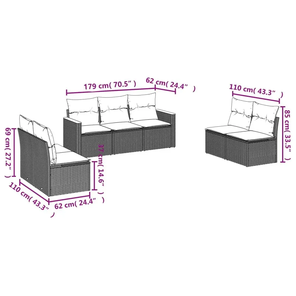 7 Piece Garden Sofa Set PE Rattan Black with Cushions