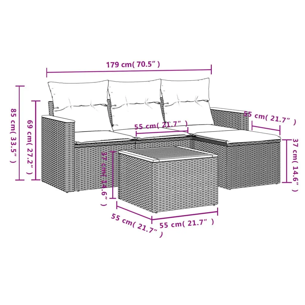 5 Piece Garden Sofa Set PE Rattan Modular Outdoor Patio Furniture with Cushions Grey Acacia Wood Table Top Steel Frame