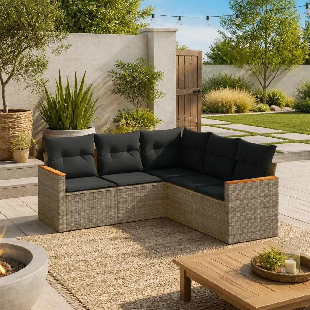 Garden Sofa Set PE Rattan 5 Piece Outdoor Furniture Patio Sectional Grey