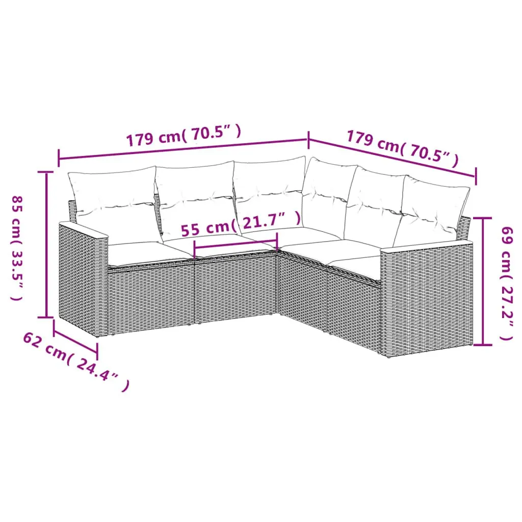 Garden Sofa Set PE Rattan 5 Piece Outdoor Furniture Patio Sectional Grey