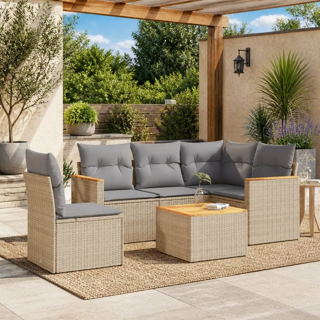 Garden Sofa Set 6 Piece Outdoor Patio Furniture Beige Poly Rattan with Cushions