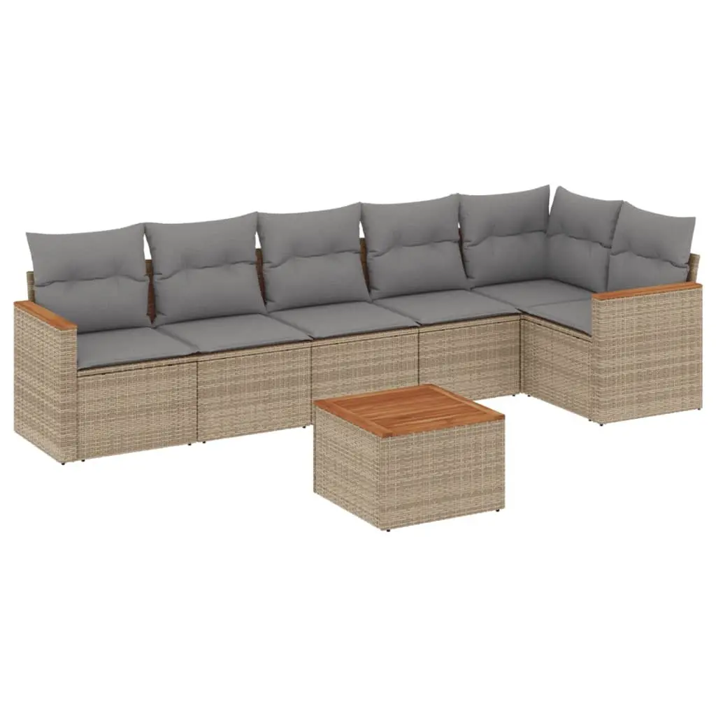7 Piece Garden Sofa Set PE Rattan Modular Beige with Cushions Acacia Wood Table Top