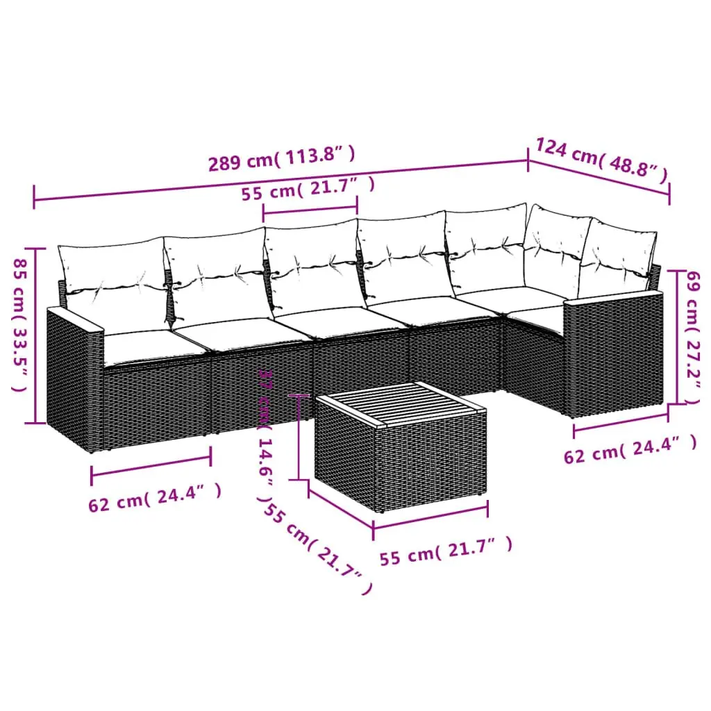 7 Piece Garden Sofa Set PE Rattan Modular Beige with Cushions Acacia Wood Table Top