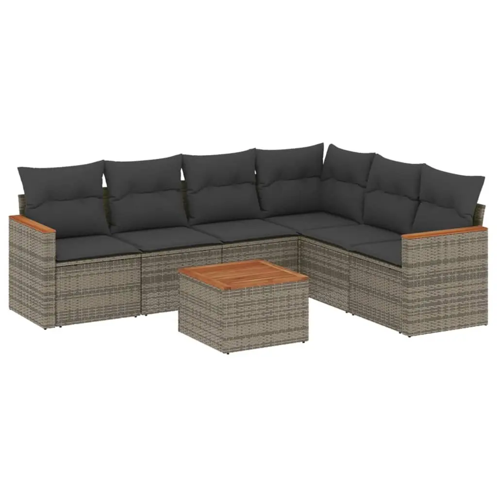 Garden Sofa Set 7 Piece Poly Rattan Outdoor Furniture Grey Acacia Wood Tabletop Powder-coated Steel Frame