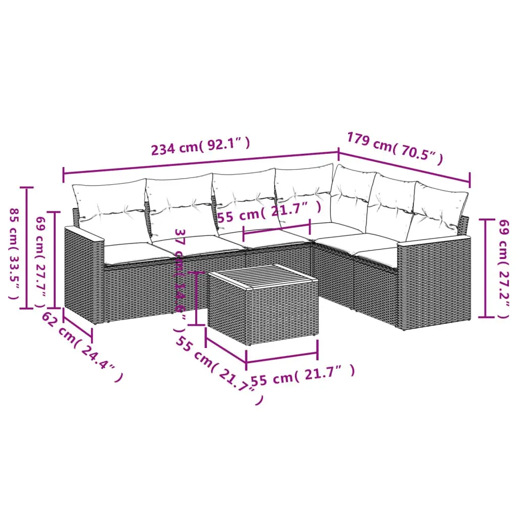 Garden Sofa Set 7 Piece Poly Rattan Outdoor Furniture Grey Acacia Wood Tabletop Powder-coated Steel Frame