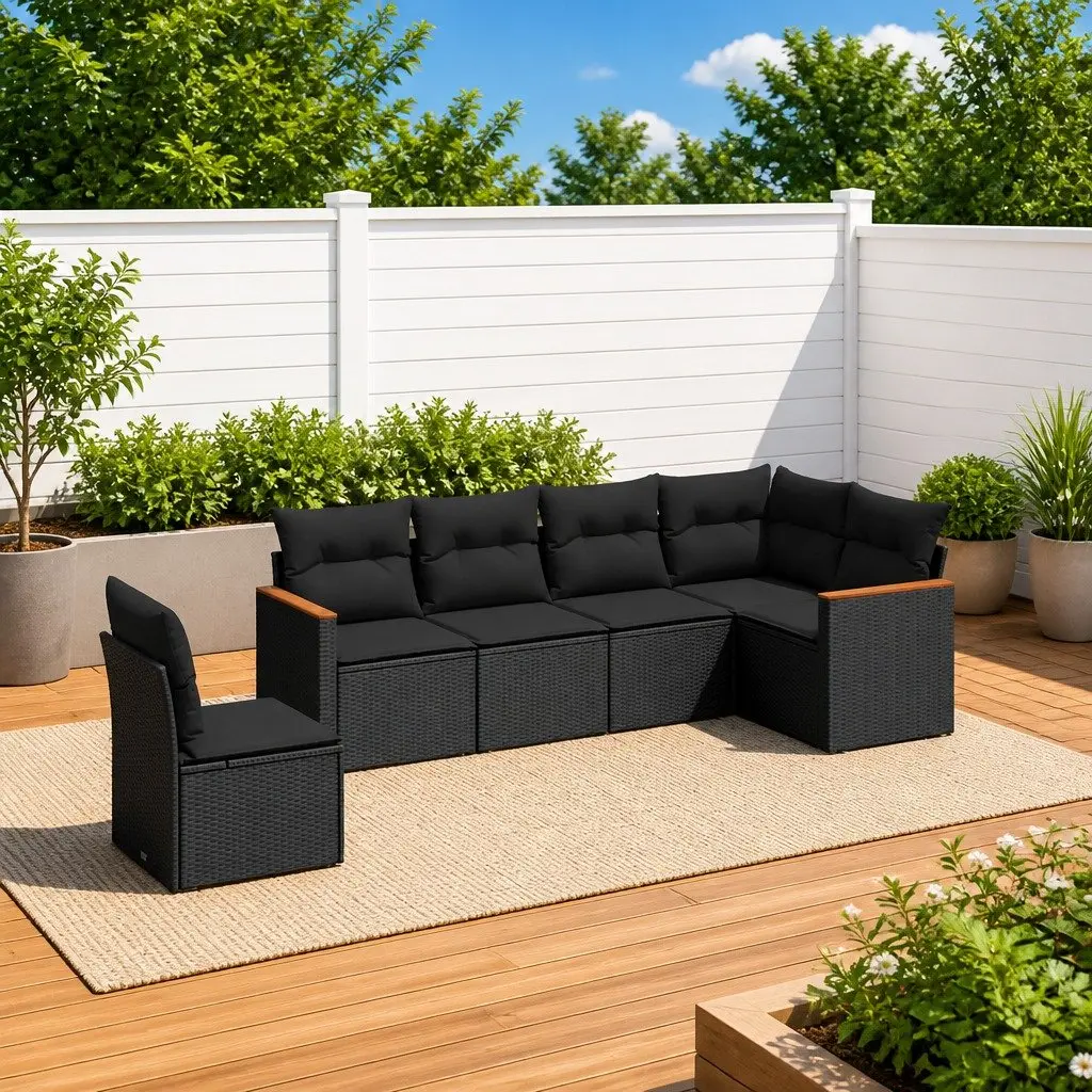 Garden Sofa Set 6 Piece Outdoor Patio Furniture with Cushions Black Rattan