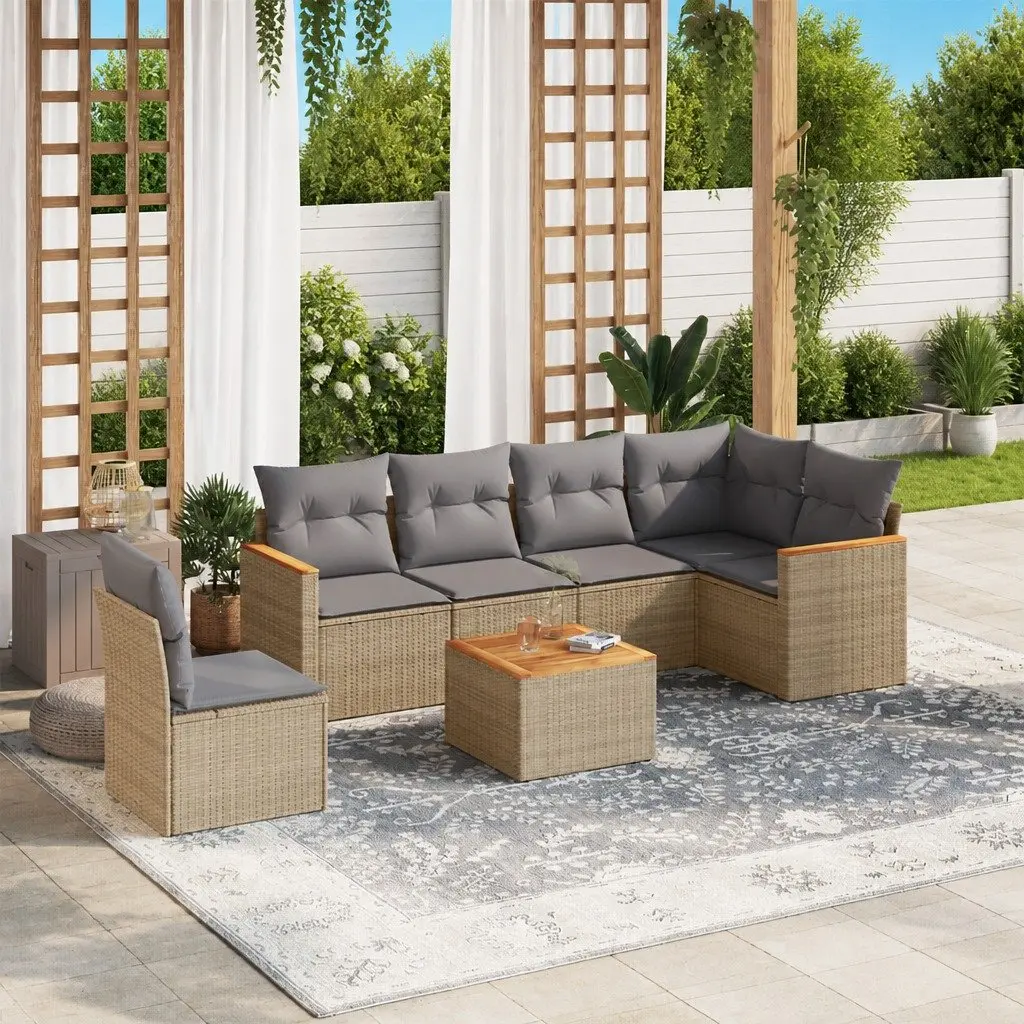 7 Piece Garden Sofa Set Modular Outdoor Furniture PE Rattan Beige with Acacia Wood Table Top and Powder-Coated Steel Frame
