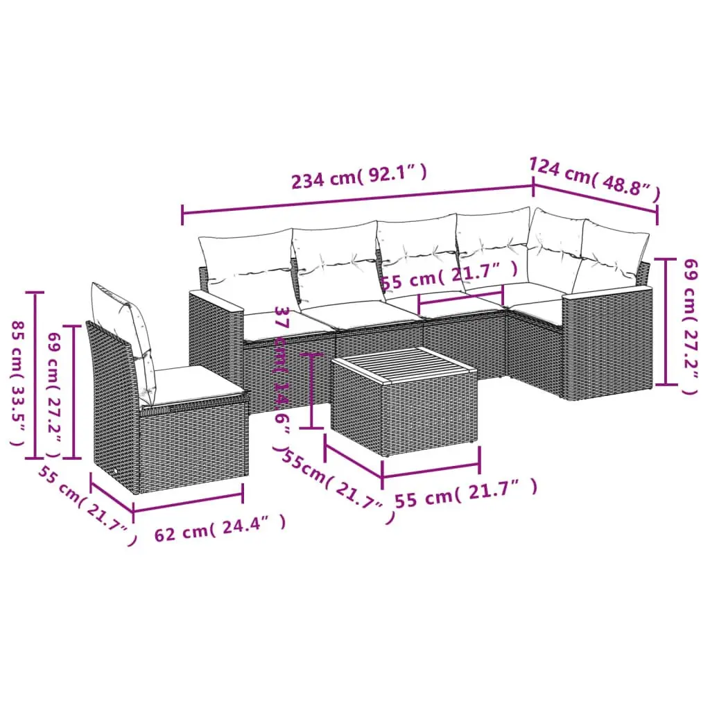 7 Piece Garden Sofa Set Modular Outdoor Furniture PE Rattan Beige with Acacia Wood Table Top and Powder-Coated Steel Frame