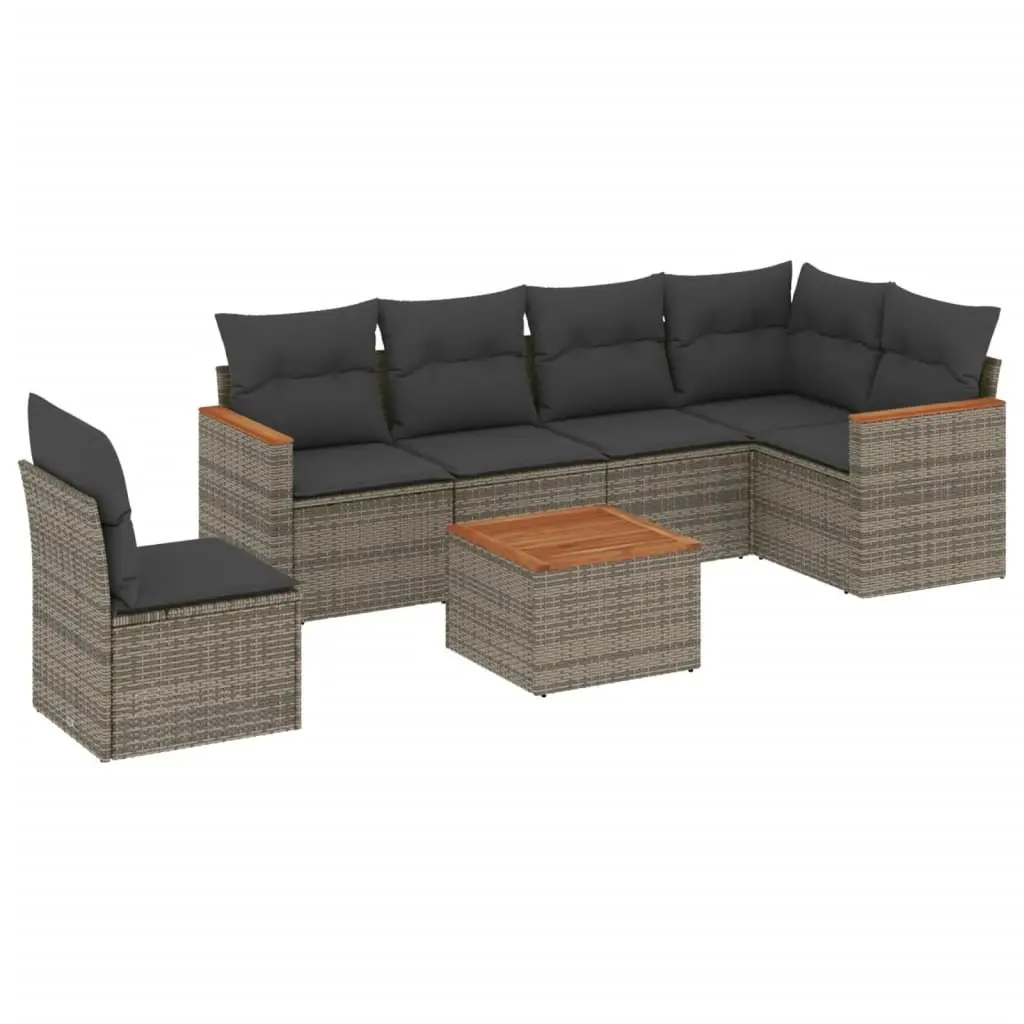 Garden Sofa Set 7 Piece Modular PE Rattan Outdoor Furniture Grey with Acacia Wood Table Top and Powder-Coated Steel Frame