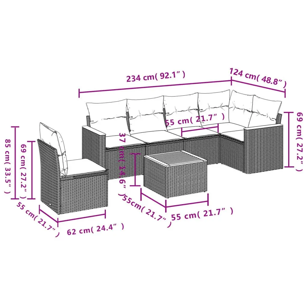 Garden Sofa Set 7 Piece Modular PE Rattan Outdoor Furniture Grey with Acacia Wood Table Top and Powder-Coated Steel Frame