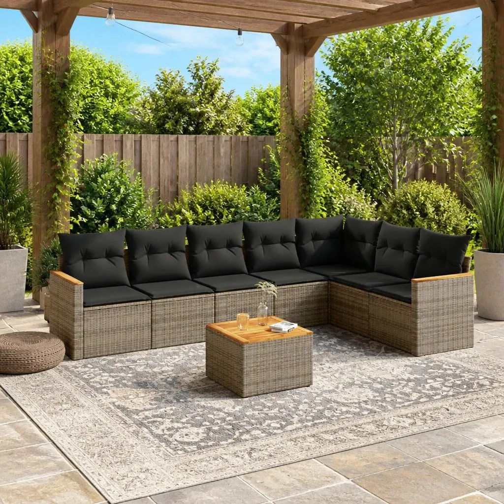 Garden Sofa Set 8 Piece Grey Poly Rattan Acacia Wood Table Powder Coated Steel Frame Outdoor Furniture