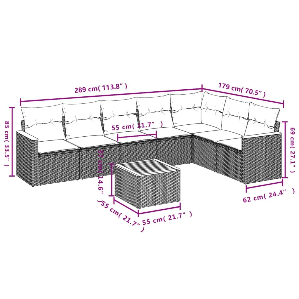 Garden Sofa Set 8 Piece Grey Poly Rattan Acacia Wood Table Powder Coated Steel Frame Outdoor Furniture