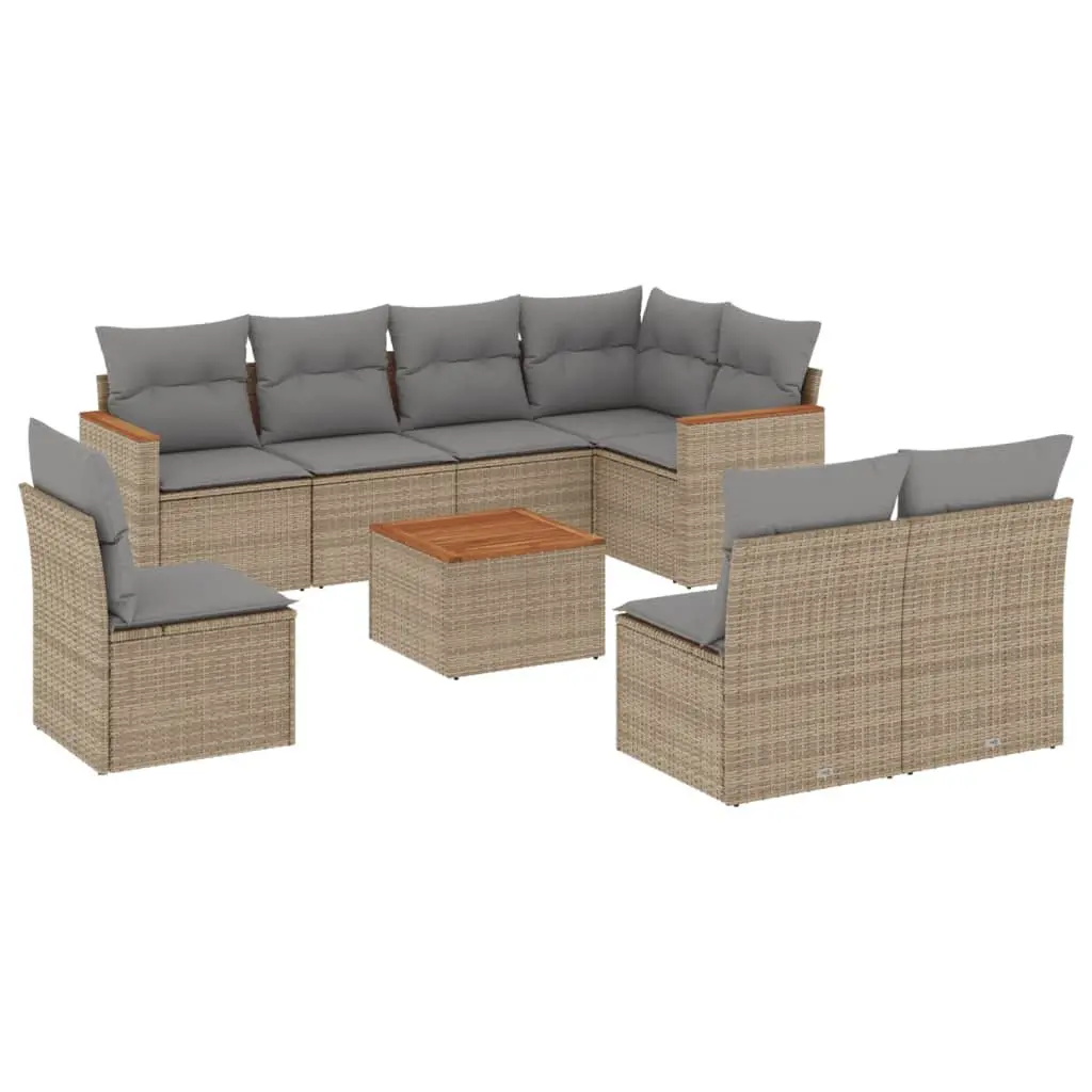 Garden Sofa Set 9 Piece Poly Rattan Outdoor Furniture Beige Cushions