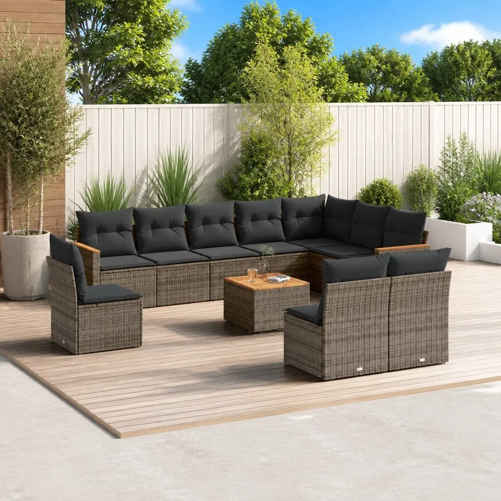 Garden Sofa Set Modular PE Rattan Frame Acacia Wood Tabletop 11 Piece Grey Outdoor Furniture