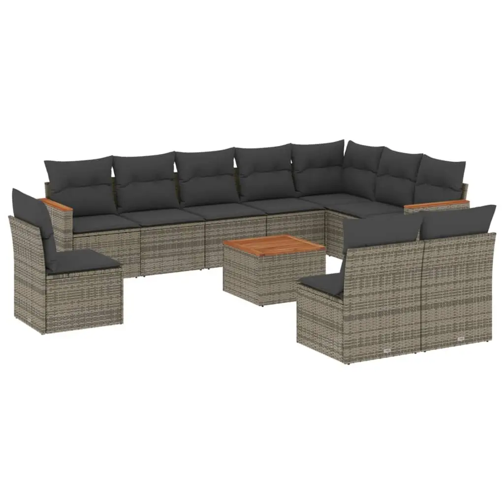 Garden Sofa Set Modular PE Rattan Frame Acacia Wood Tabletop 11 Piece Grey Outdoor Furniture