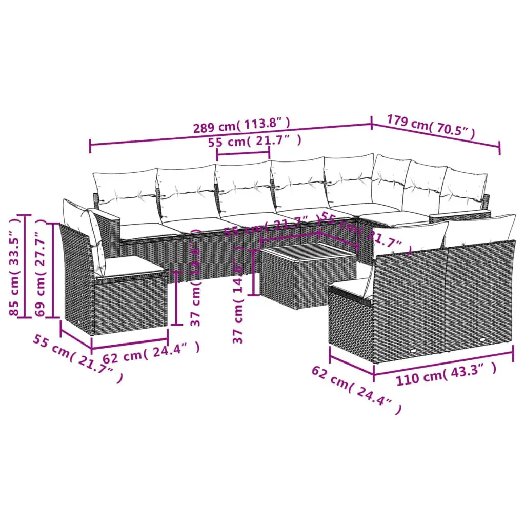 Garden Sofa Set Modular PE Rattan Frame Acacia Wood Tabletop 11 Piece Grey Outdoor Furniture