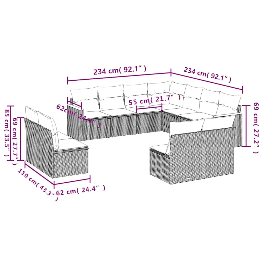 Garden Sofa Set 11 Piece Outdoor Patio Furniture Modular Black Rattan Cushioned