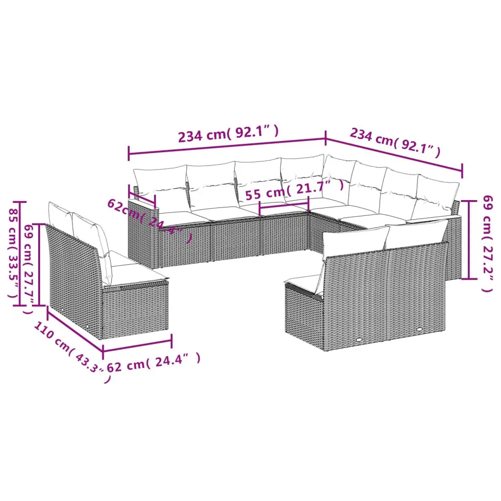 Garden Sofa Set PE Rattan Modular 11 Pieces Outdoor Patio Furniture Black