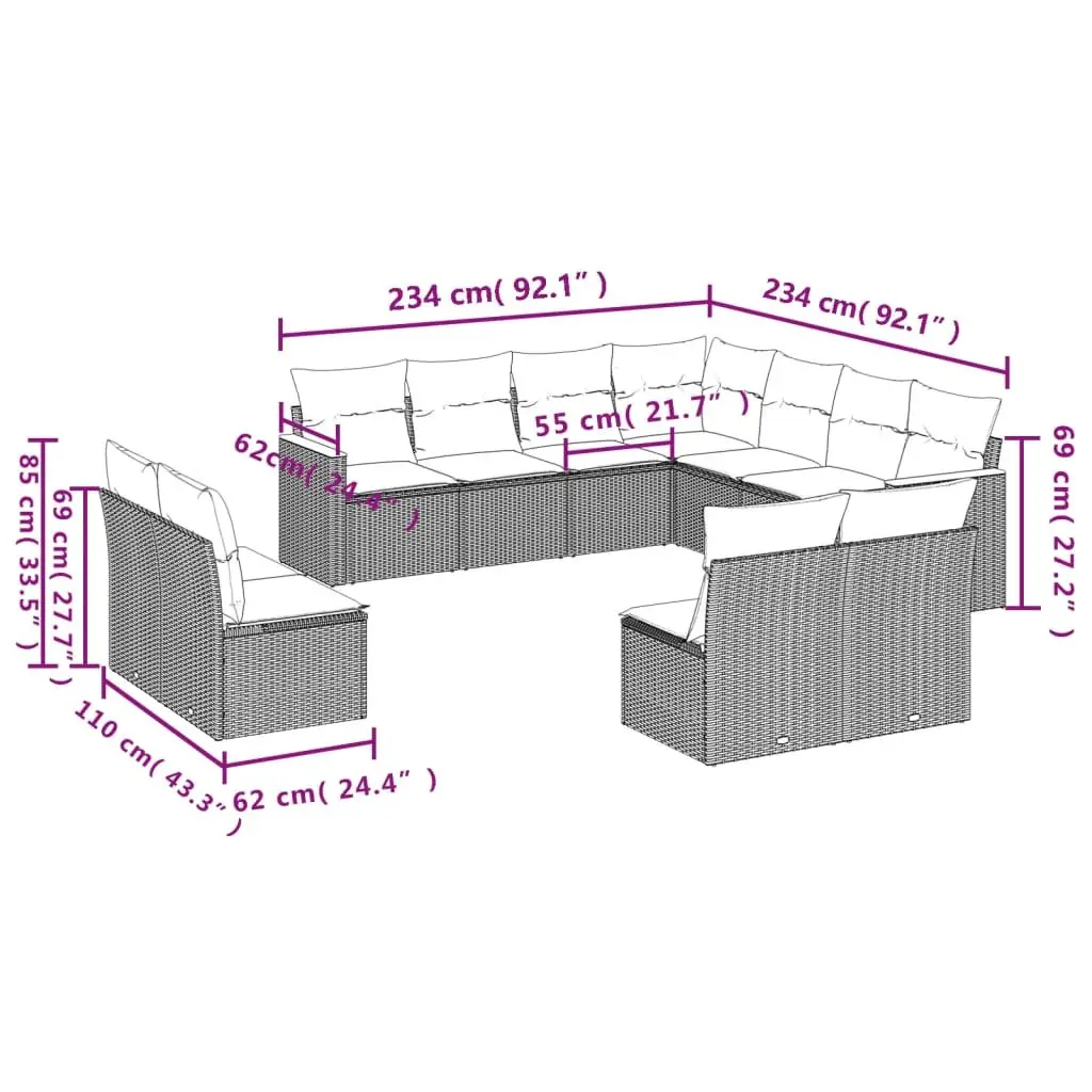 Garden Sofa Set Modular PE Rattan Powder-coated Steel 11 Piece Outdoor Furniture Grey Cushions