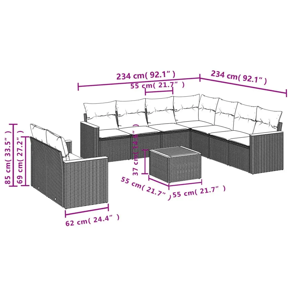 Garden Sofa Set Modular Outdoor Furniture 10 Piece Grey PE Rattan Patio Lounge