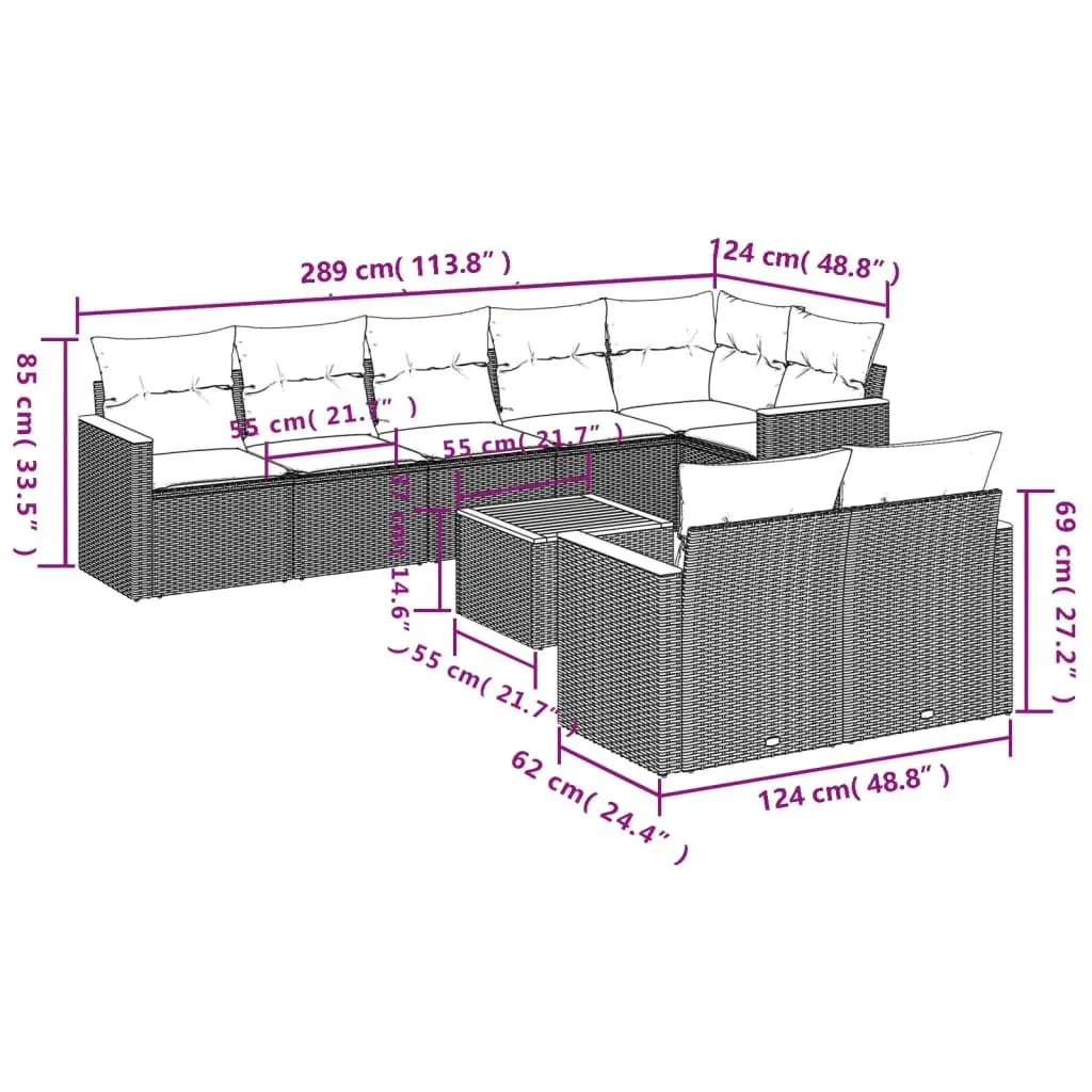 Garden Sofa Set Modular PE Rattan 9 Piece Outdoor Furniture Grey Powder Coated Steel Acacia Wood Tabletop