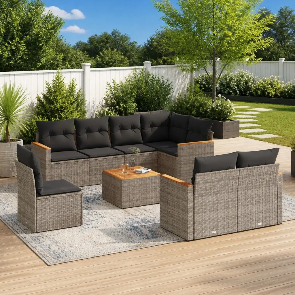 9 Piece Garden Sofa Set Grey PE Rattan Modular Outdoor Patio Furniture with Cushions