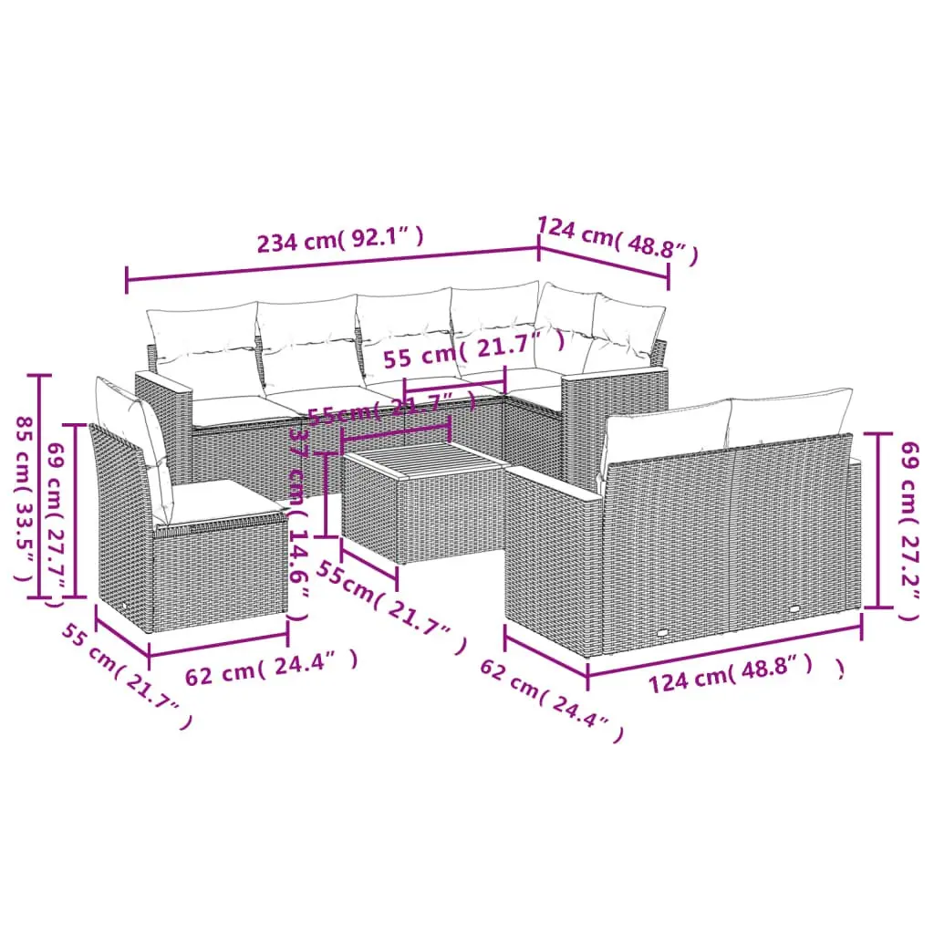 9 Piece Garden Sofa Set Grey PE Rattan Modular Outdoor Patio Furniture with Cushions