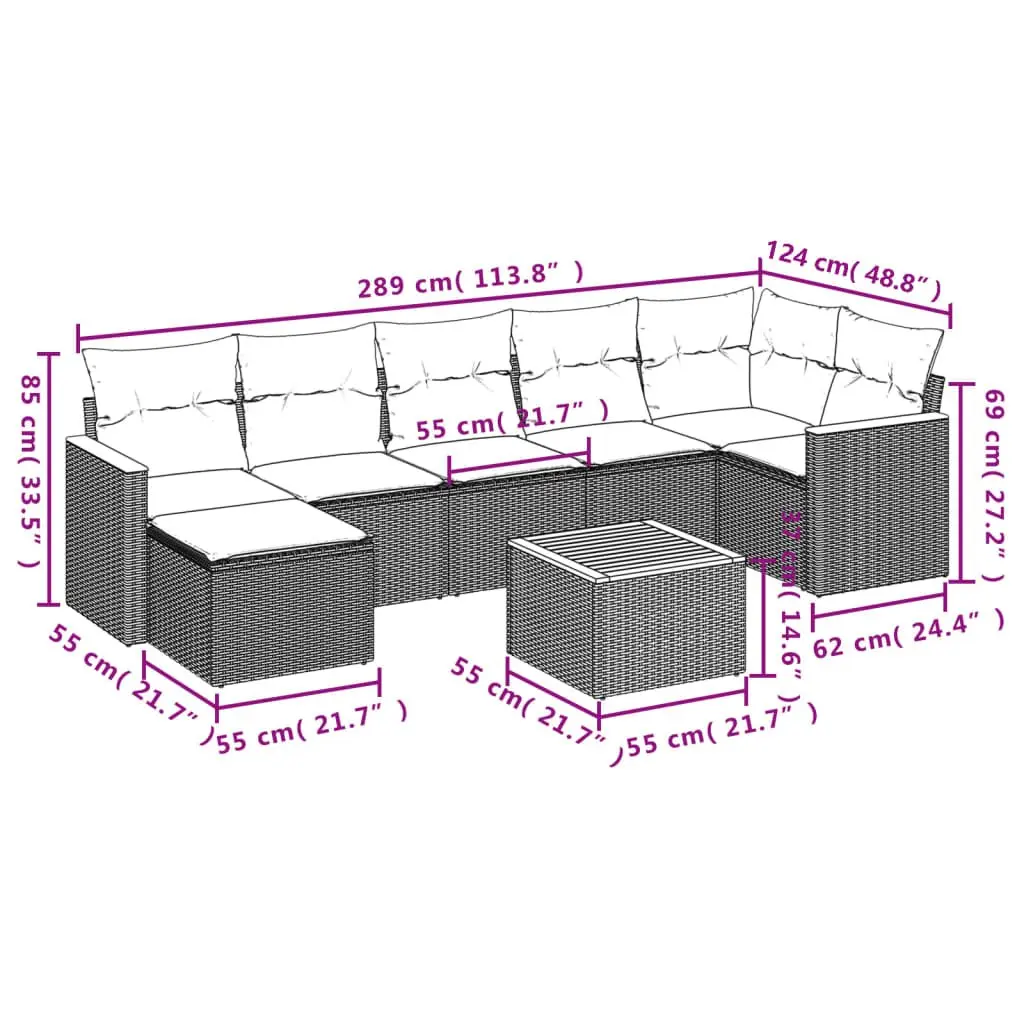 Garden Sofa Set 8 Piece Modular Outdoor Furniture Grey PE Rattan Acacia Wood Table Top Powder Coated Steel Frame