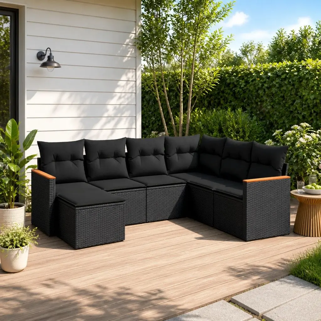Garden Sofa Set 7 Piece Outdoor Patio Furniture with Cushions Black Rattan