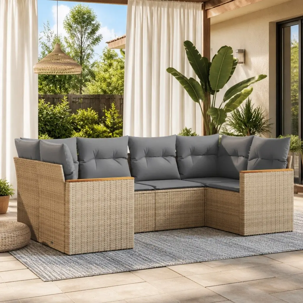 Garden Sofa Set PE Rattan 6 Piece Outdoor Furniture Modular Beige Cushions