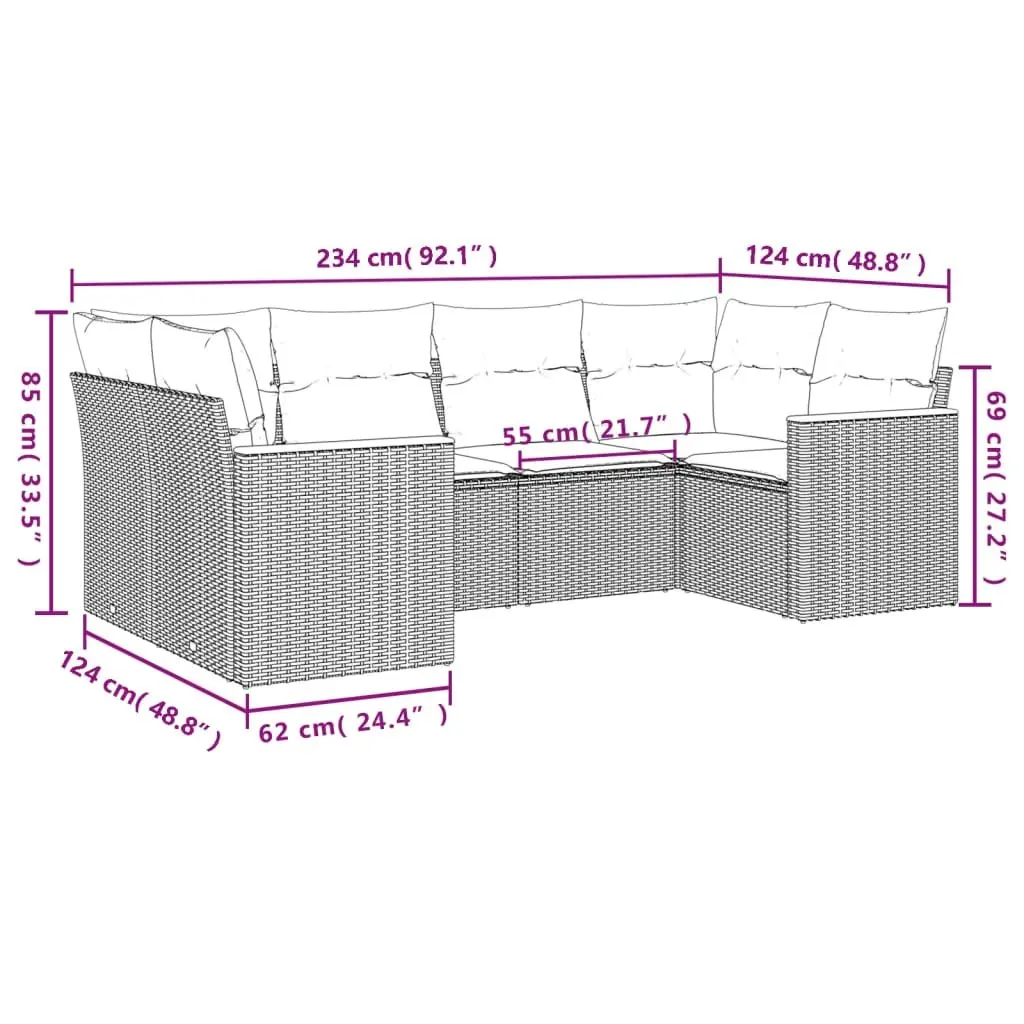 Garden Sofa Set PE Rattan 6 Piece Outdoor Furniture Patio Sectional Grey
